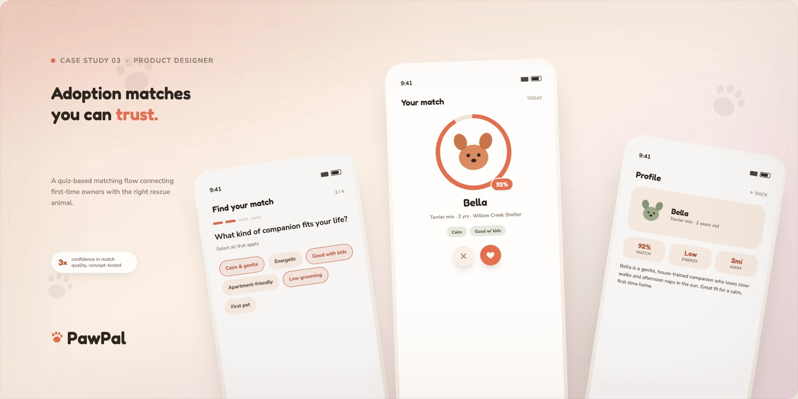 PawPal poster: tilted phone screens showing the pet-matching swipe deck, match profile with compatibility score, and saved matches