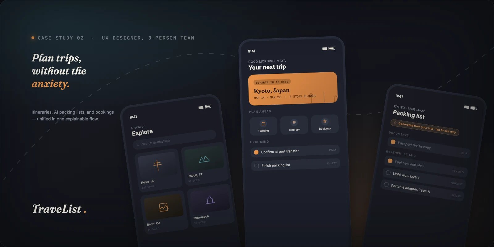 TraveList poster: tilted phone screens showing the packing list, home dashboard, trips, and explore