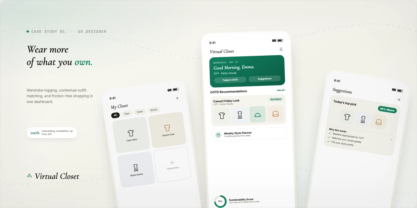 Virtual Closet poster: three tilted phone screens showing My Closet, Outfit Suggestions, and the home dashboard