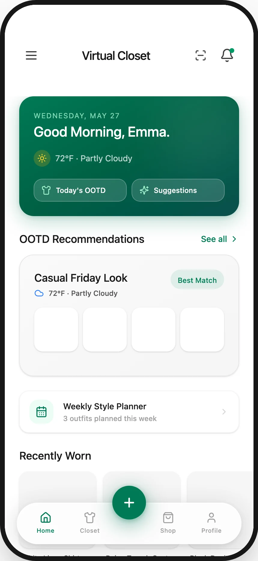 Virtual Closet home dashboard: Good Morning Emma weather card, OOTD Recommendations, Weekly Style Planner, and Recently Worn